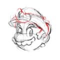 Sketch of Mario, with a red outline indicating his hair