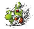 Stylized artwork of Yoshi preparing to throw an egg, similar style to his work on Super Mario Strikers.