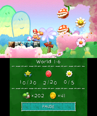 Smiley Flower 1: Found past a door above the level's starting point, which can be reached by climbing a beanstalk. Going through the door, Orange Yoshi encounters several Piranha Plants that must be defeated to snatch the Smiley Flower from a small alcove.